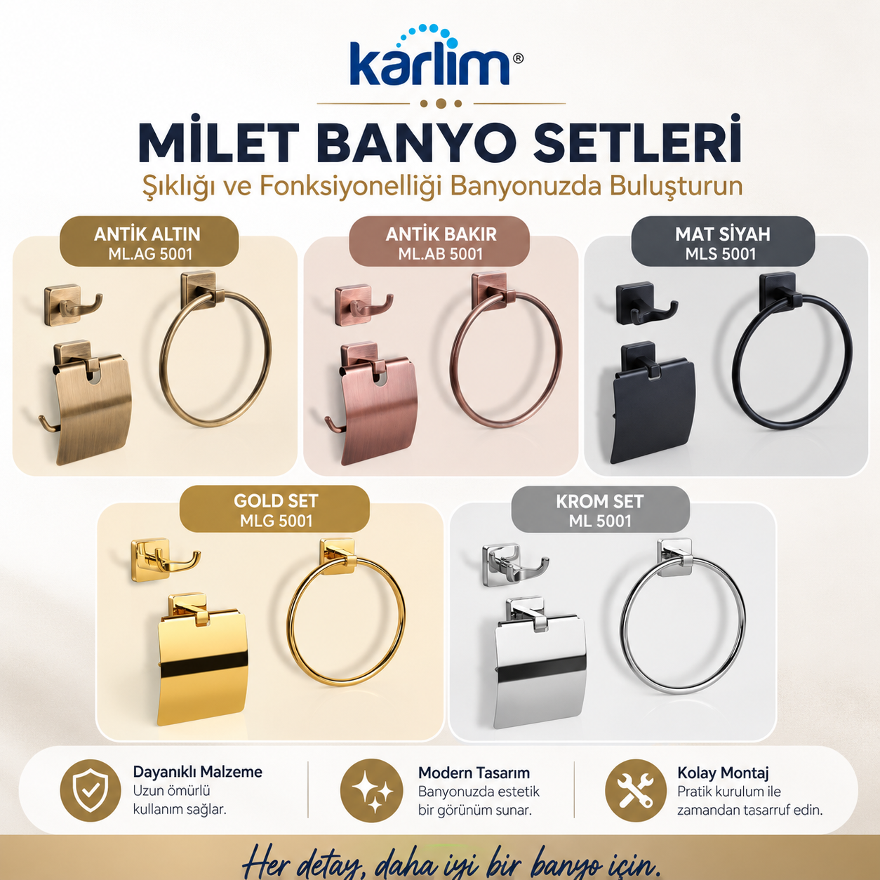 ML 5001 Karlim® Milet Serisi 3'lü Aksesuar Set ( Yuvarlak Havuluk - İkili Askılık - Kapaklı Kağıtlık 12 cm )