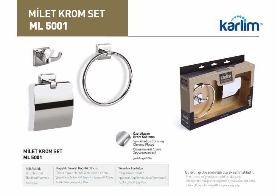 ML 5001 Karlim® Milet Serisi 3'lü Aksesuar Set ( Yuvarlak Havuluk - İkili Askılık - Kapaklı Kağıtlık 12 cm ) KROM