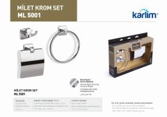 ML 5001 Karlim® Milet Serisi 3'lü Aksesuar Set ( Yuvarlak Havuluk - İkili Askılık - Kapaklı Kağıtlık 12 cm ) KROM