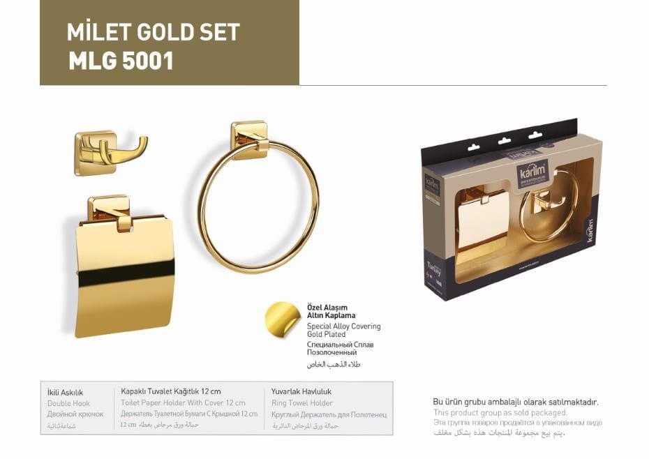 ML 5001 Karlim® Milet Serisi 3'lü Aksesuar Set ( Yuvarlak Havuluk - İkili Askılık - Kapaklı Kağıtlık 12 cm ) GOLD