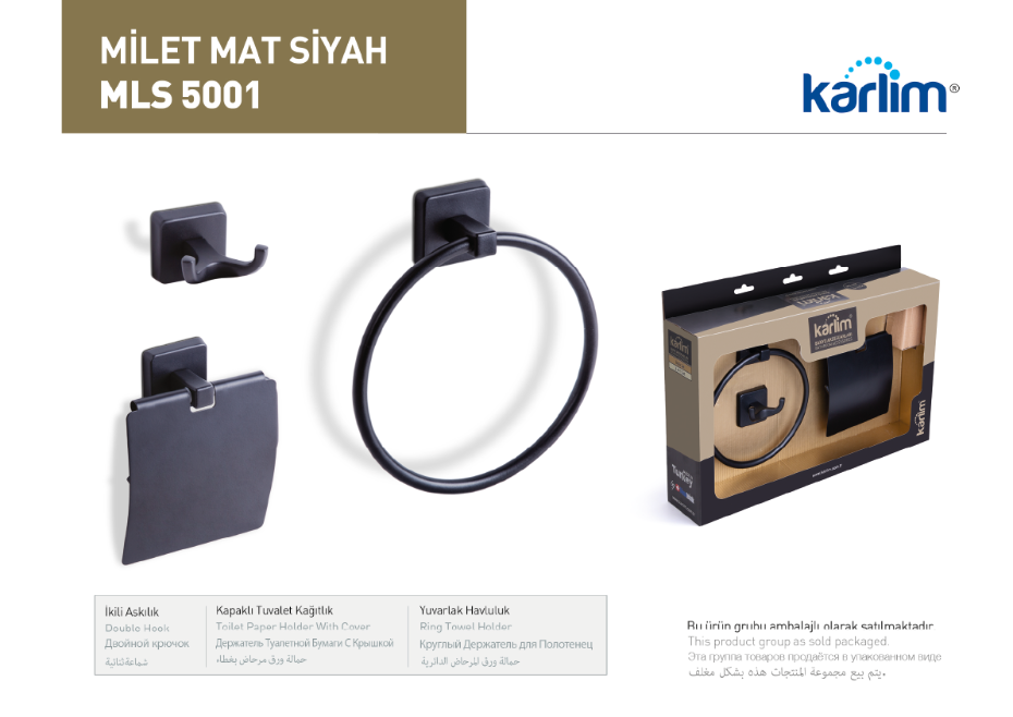 ML 5001 Karlim® Milet Serisi 3'lü Aksesuar Set ( Yuvarlak Havuluk - İkili Askılık - Kapaklı Kağıtlık 12 cm ) SİYAH