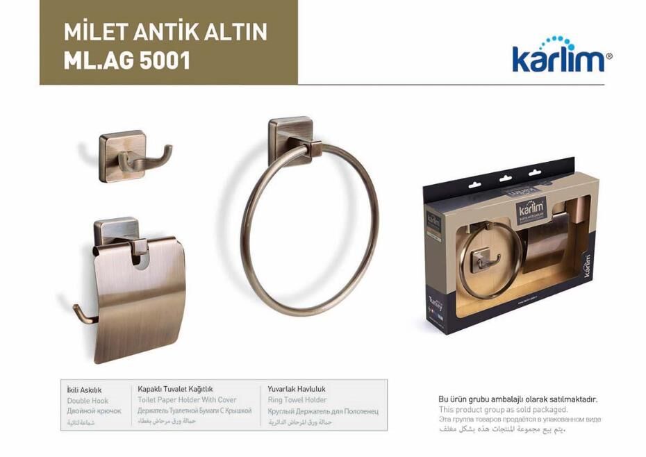 ML 5001 Karlim® Milet Serisi 3'lü Aksesuar Set ( Yuvarlak Havuluk - İkili Askılık - Kapaklı Kağıtlık 12 cm ) ANTİK GOLD