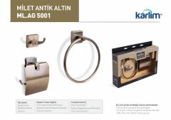 ML 5001 Karlim® Milet Serisi 3'lü Aksesuar Set ( Yuvarlak Havuluk - İkili Askılık - Kapaklı Kağıtlık 12 cm ) ANTİK GOLD