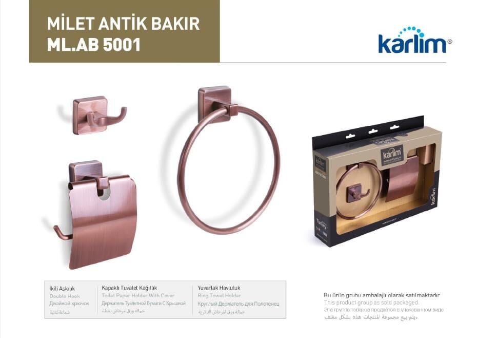 ML 5001 Karlim® Milet Serisi 3'lü Aksesuar Set ( Yuvarlak Havuluk - İkili Askılık - Kapaklı Kağıtlık 12 cm ) ANTİK BAKIR