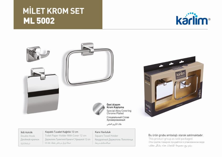 ML 5002 Karlim® Milet Serisi 3'lü Aksesuar Set ( Kare Havuluk - İkili Askılık - Kapaklı Kağıtlık 12 cm ) KROM