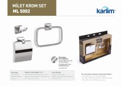 ML 5002 Karlim® Milet Serisi 3'lü Aksesuar Set ( Kare Havuluk - İkili Askılık - Kapaklı Kağıtlık 12 cm ) KROM