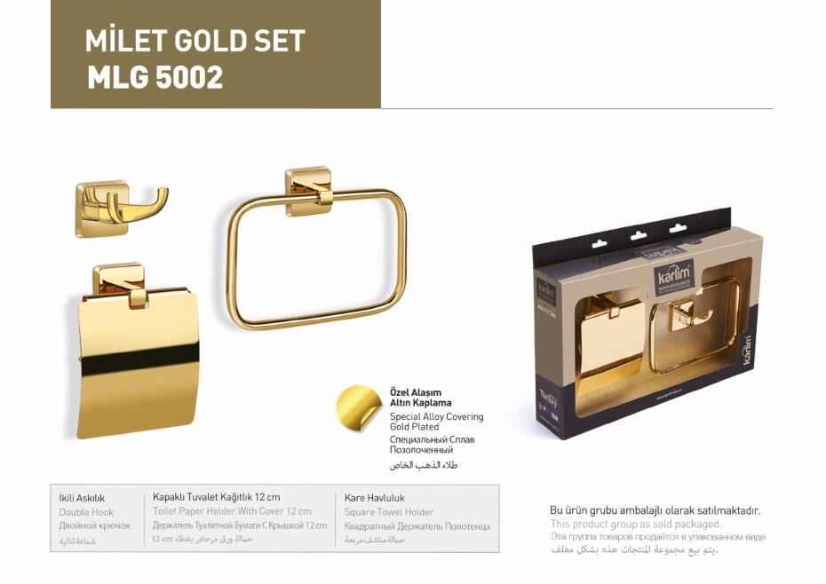 ML 5002 Karlim® Milet Serisi 3'lü Aksesuar Set ( Kare Havuluk - İkili Askılık - Kapaklı Kağıtlık 12 cm ) GOLD