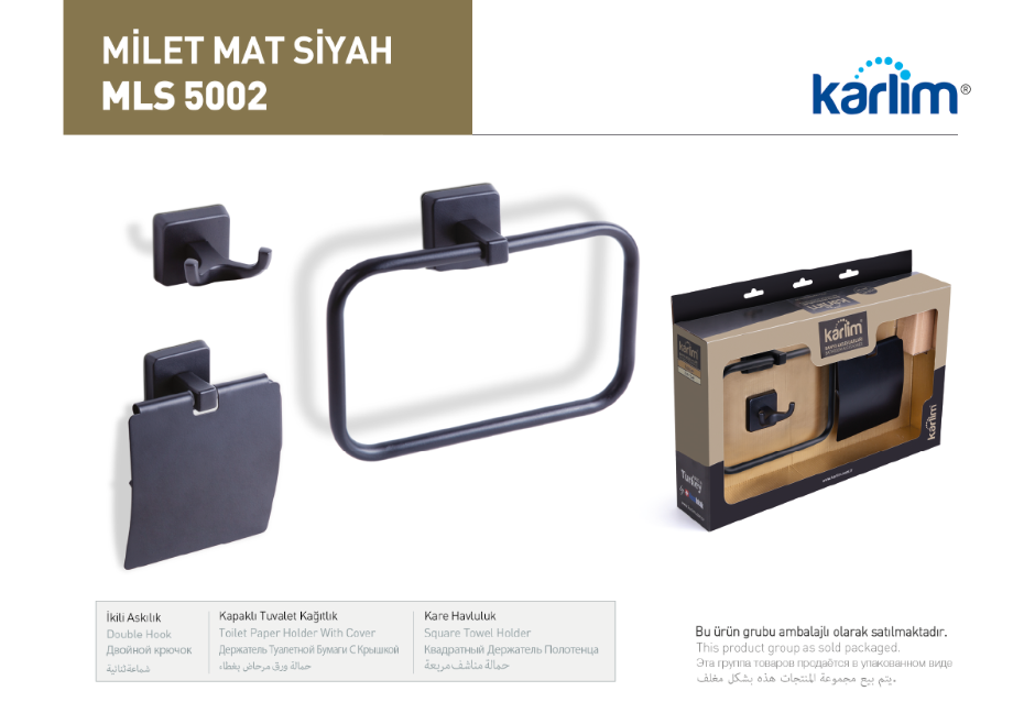 ML 5002 Karlim® Milet Serisi 3'lü Aksesuar Set ( Kare Havuluk - İkili Askılık - Kapaklı Kağıtlık 12 cm ) SİYAH