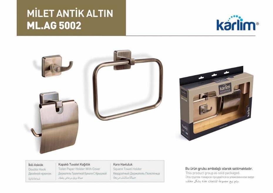 ML 5002 Karlim® Milet Serisi 3'lü Aksesuar Set ( Kare Havuluk - İkili Askılık - Kapaklı Kağıtlık 12 cm ) ANTİK GOLD