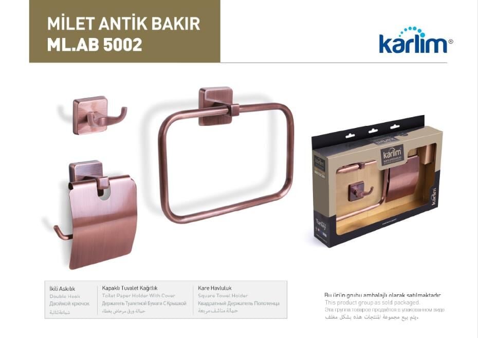 ML 5002 Karlim® Milet Serisi 3'lü Aksesuar Set ( Kare Havuluk - İkili Askılık - Kapaklı Kağıtlık 12 cm ) ANTİK BAKIR