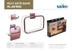 ML 5002 Karlim® Milet Serisi 3'lü Aksesuar Set ( Kare Havuluk - İkili Askılık - Kapaklı Kağıtlık 12 cm ) ANTİK BAKIR